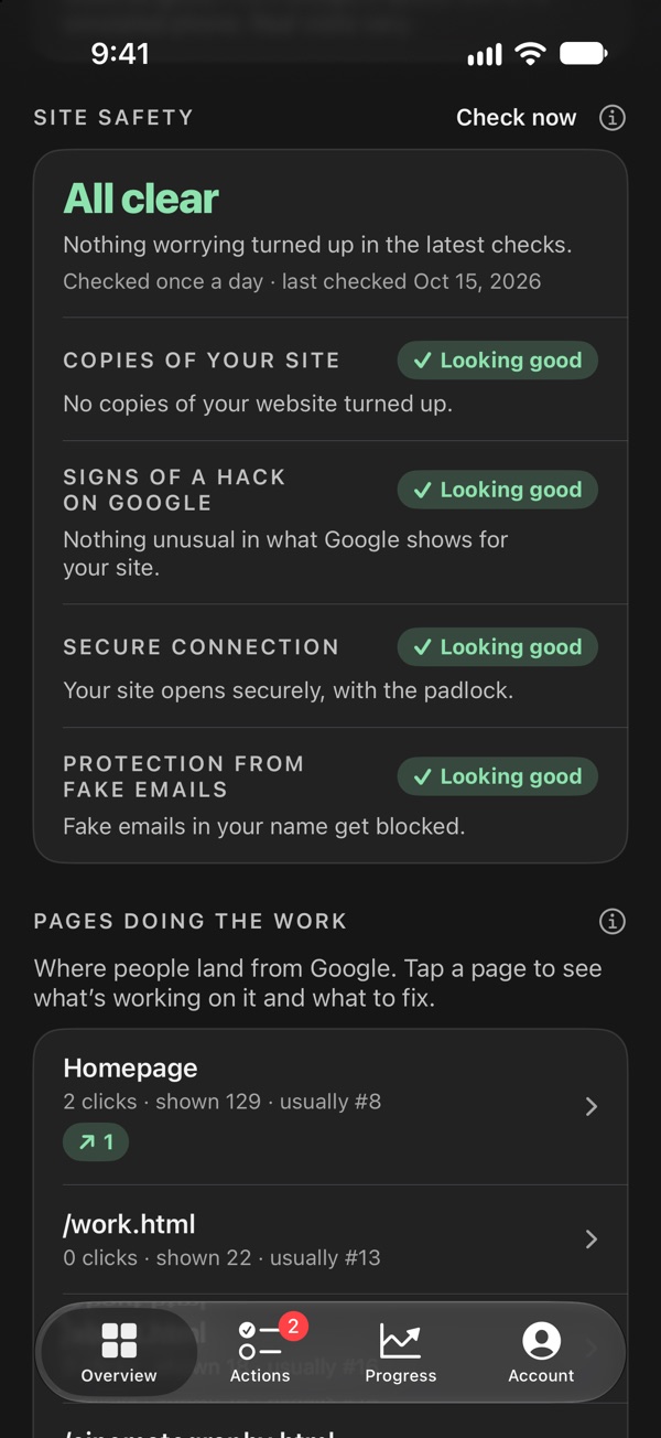SEO Machine on iPhone: site safety reading all clear, with copies of the site, signs of a hack, the secure connection and fake emails each looking good